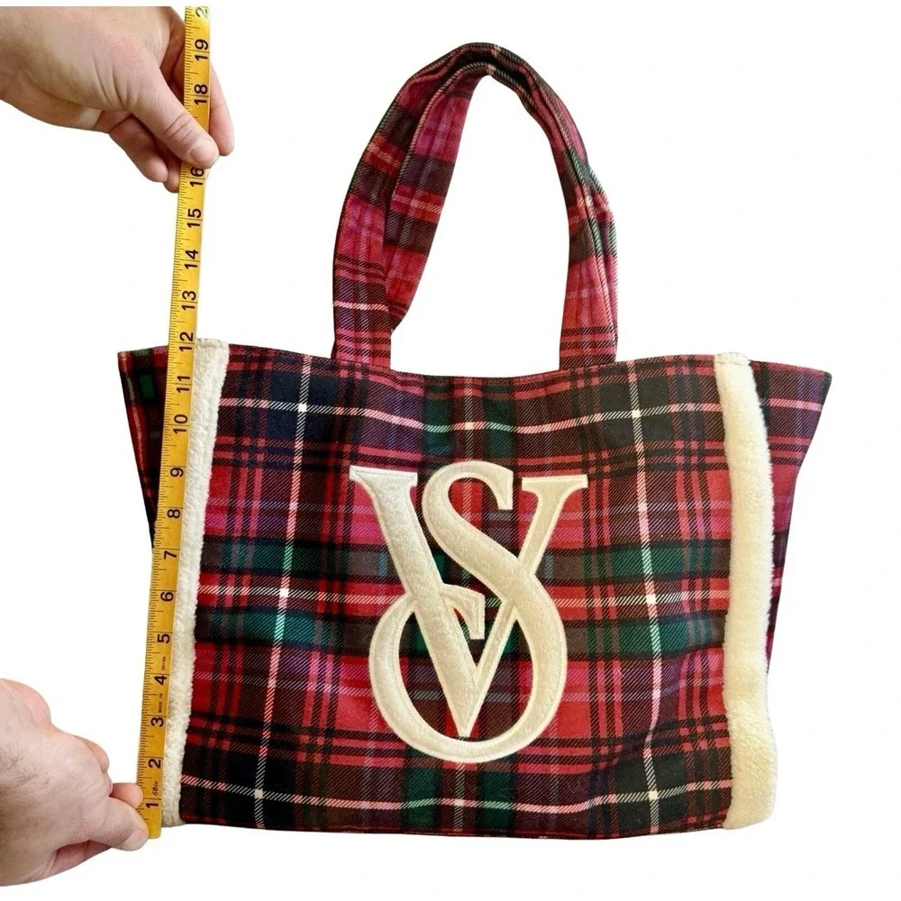 Victoria's Secret Plaid Sherpa Tote Bag Double Handles, Cozy‎ Winter Style